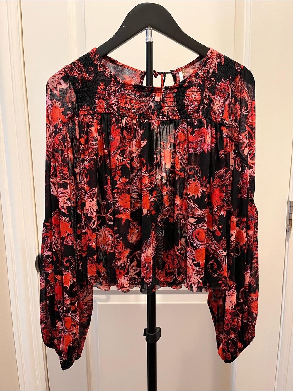 Free People Up For Anything Mesh Paisley Smocked Blouse Black Red Small